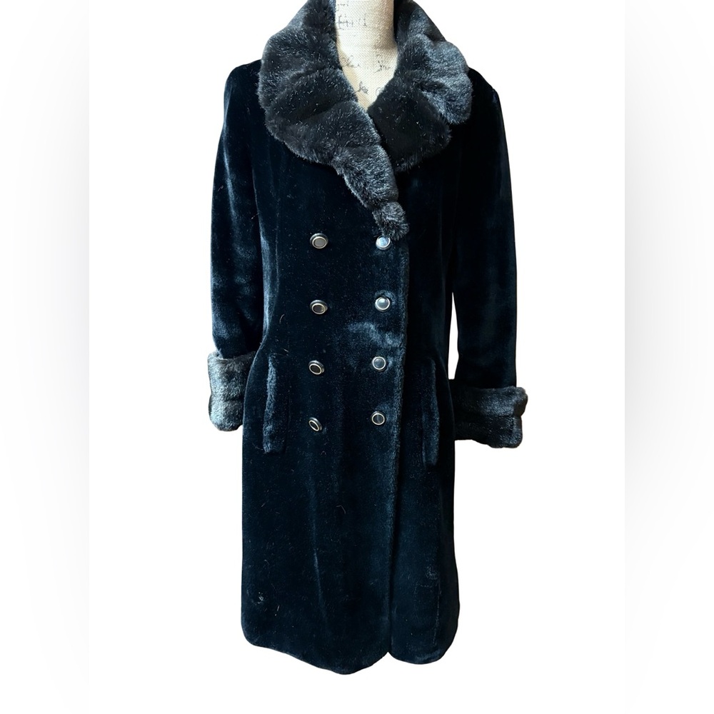 Vintage Borgazia Black Double Breasted Long Faux Fur Coat size 16
